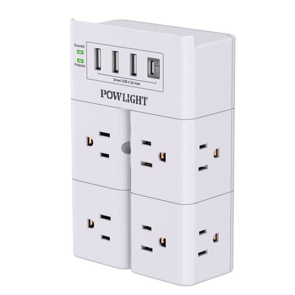 Wall-Mount Surge Protector - 8 AC Outlets and 4 USB (1 USB-C), Smart Charging, Space-Saving Plug Extender for Home, Office Use