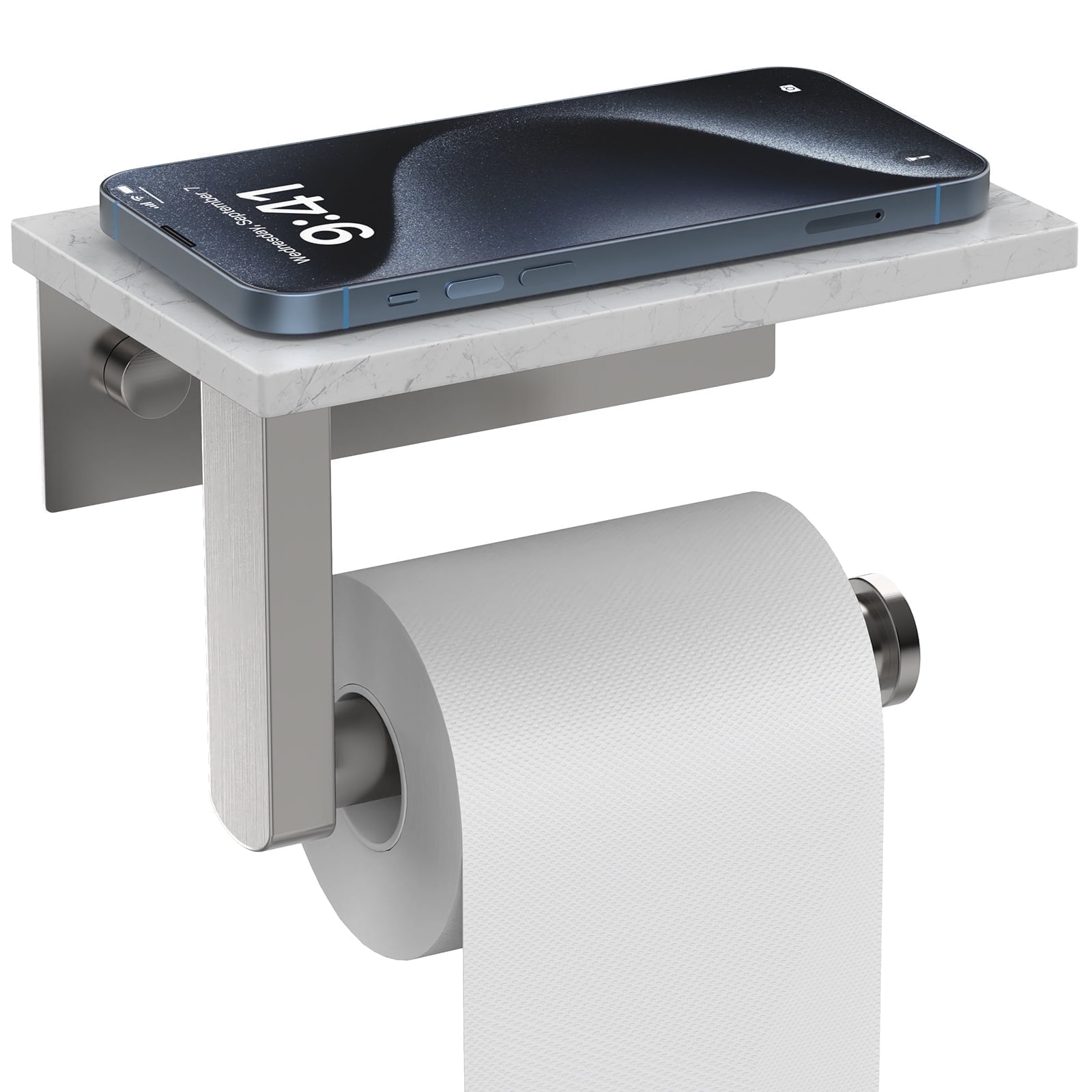 Wall Mount Toilet Paper Holder with Marble Shelf, Brushed Nickel