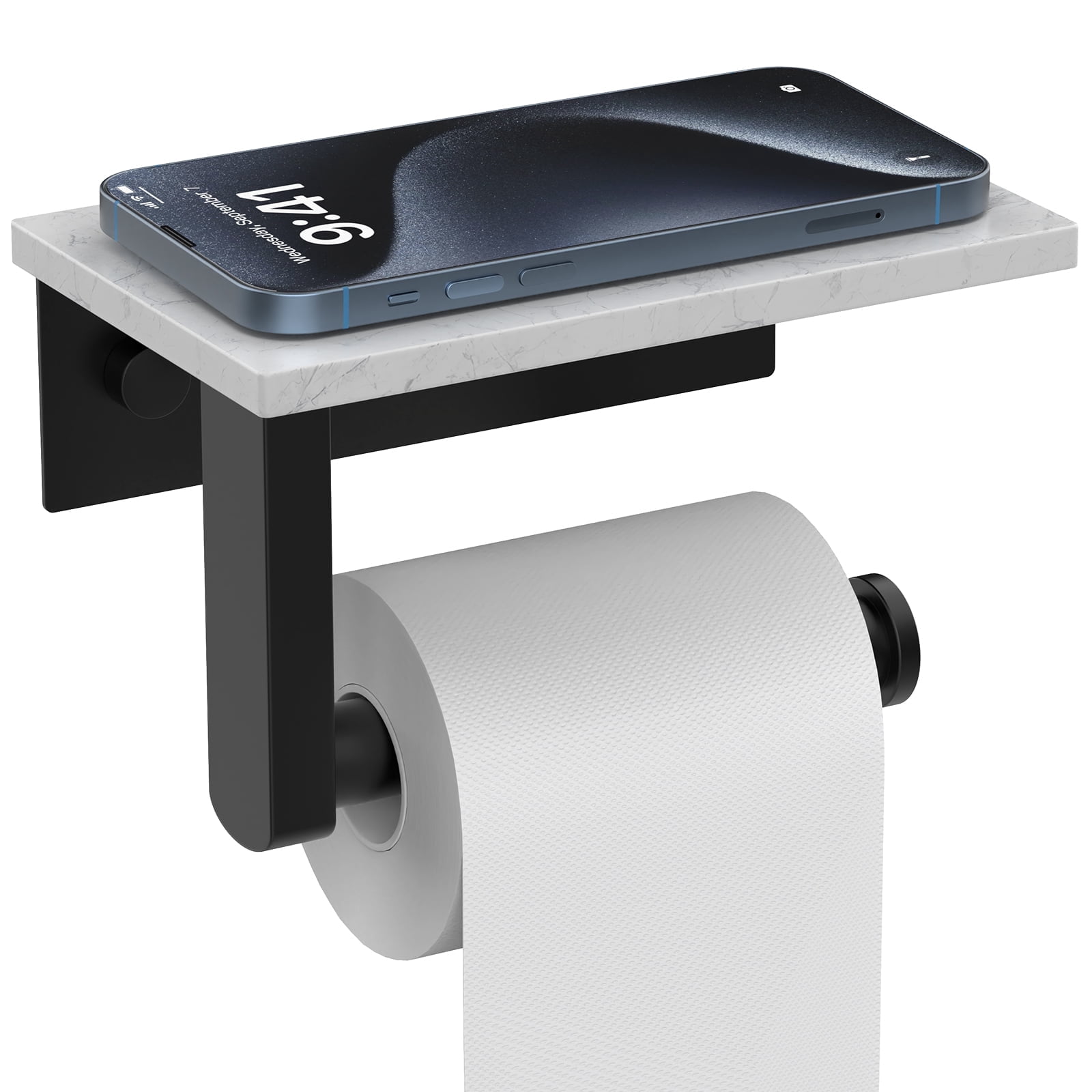 Wall Mount Toilet Paper Holder With Natural Marble Shelf Tissue Storage Holder In Matte Black