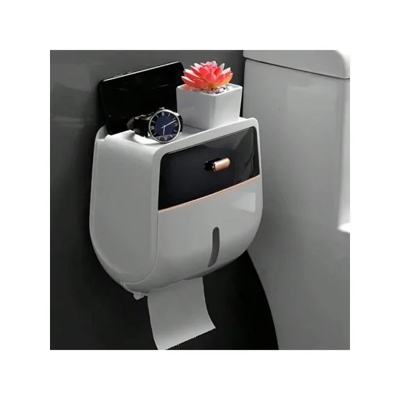 Wall Mount Toilet Roll Paper Holder, Double Layer Large Capacity Storage Box, Wall Mounted Waterproof Tissue Box (Black-White) Back To School