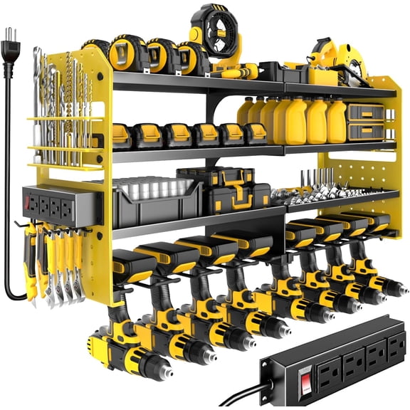 Wall Mount Tool Organizer with Charging Station 4 Layer Metal Storage Rack 8 Cordless Drill Holder Yellow