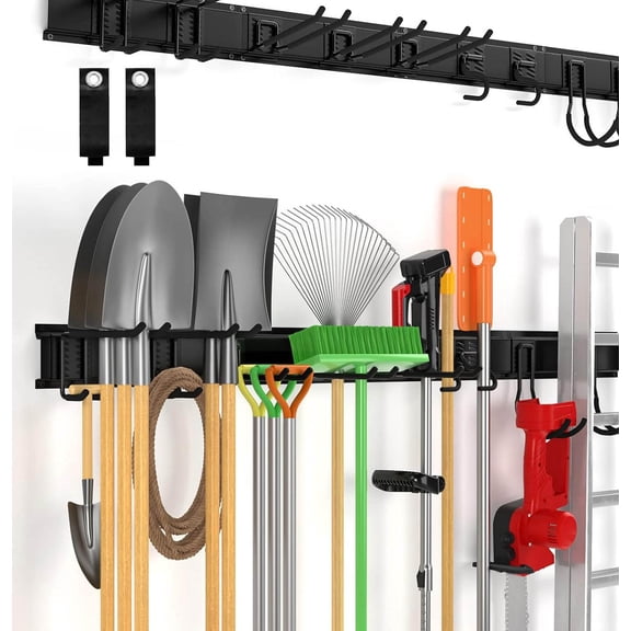 Wall Mount Tool Storage Rack, Heavy Duty Steel Yard Garden Tool Organizer, Garage Tool Organizer Wall Mounted Storage System, with Extension Cord