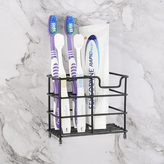 Wall Mount Toothbrush Holder for Bathroom, Stainless Steel Tooth Brush Stand for Electric Toothbrush, Toothpaste, Razor, Self Adhesive Wallmount/Countertop 5 Slots Organizer (Black)