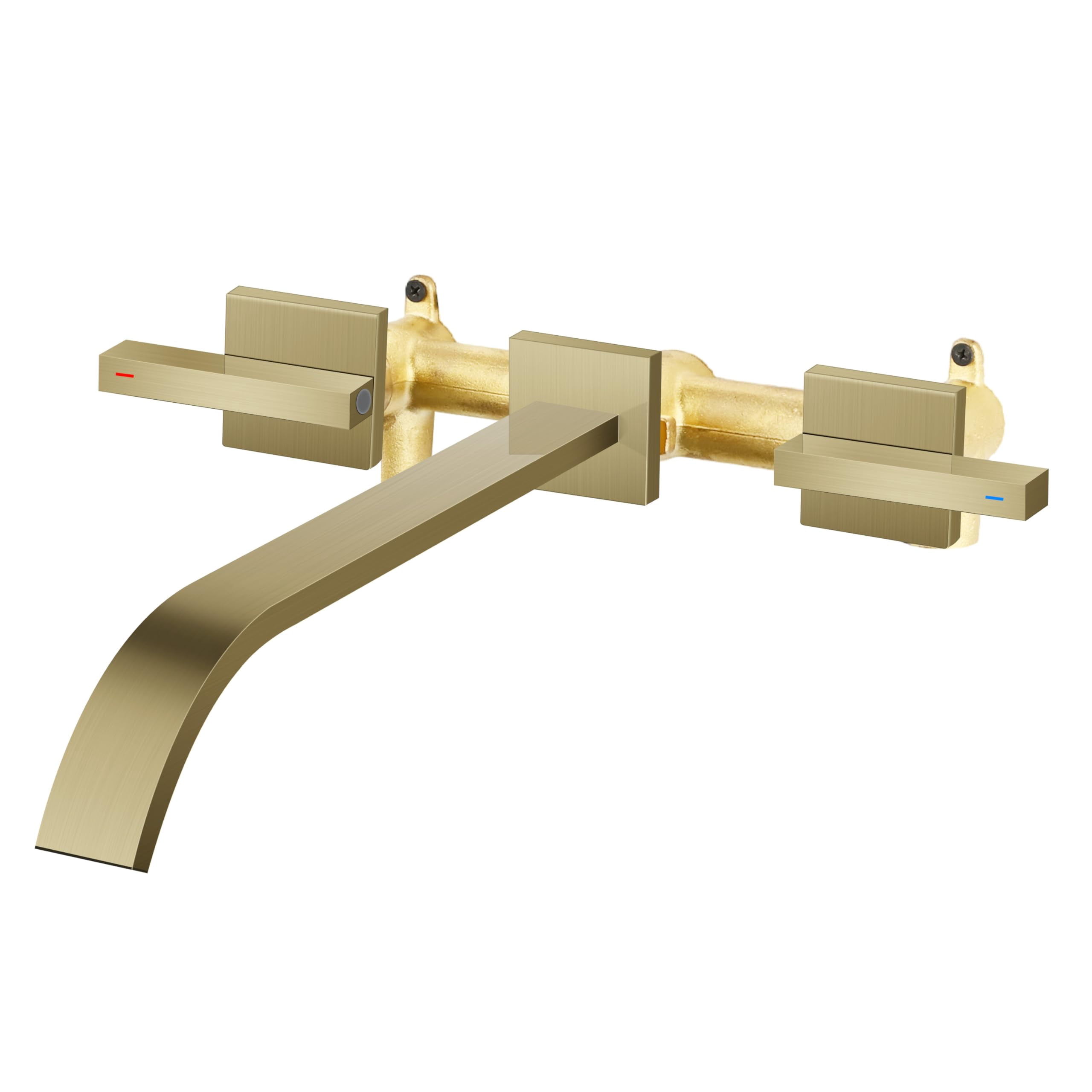Wall Mount Tub Filler Brushed Gold Bathtub Faucet Long Spout 2 Level Handles