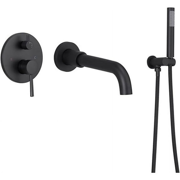 Wall Mount Tub Filler with Handheld Shower Head Sprayer Shower Spout Bathtub Faucet Set with Round Shower System Trim Kit Solid Brass Rough-in Valve,Matte Black