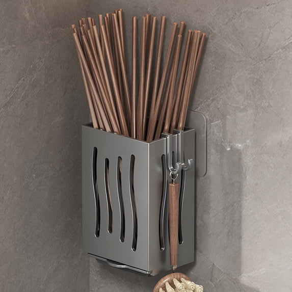 Wall Mount Utensil Holder Hanging Storage Organizer with Hooks Chopsticks Cutlery Silverware Caddy for Forks Spoons Towel Kitchen Rack, 4.92×2.59×3.34 inch, Gray