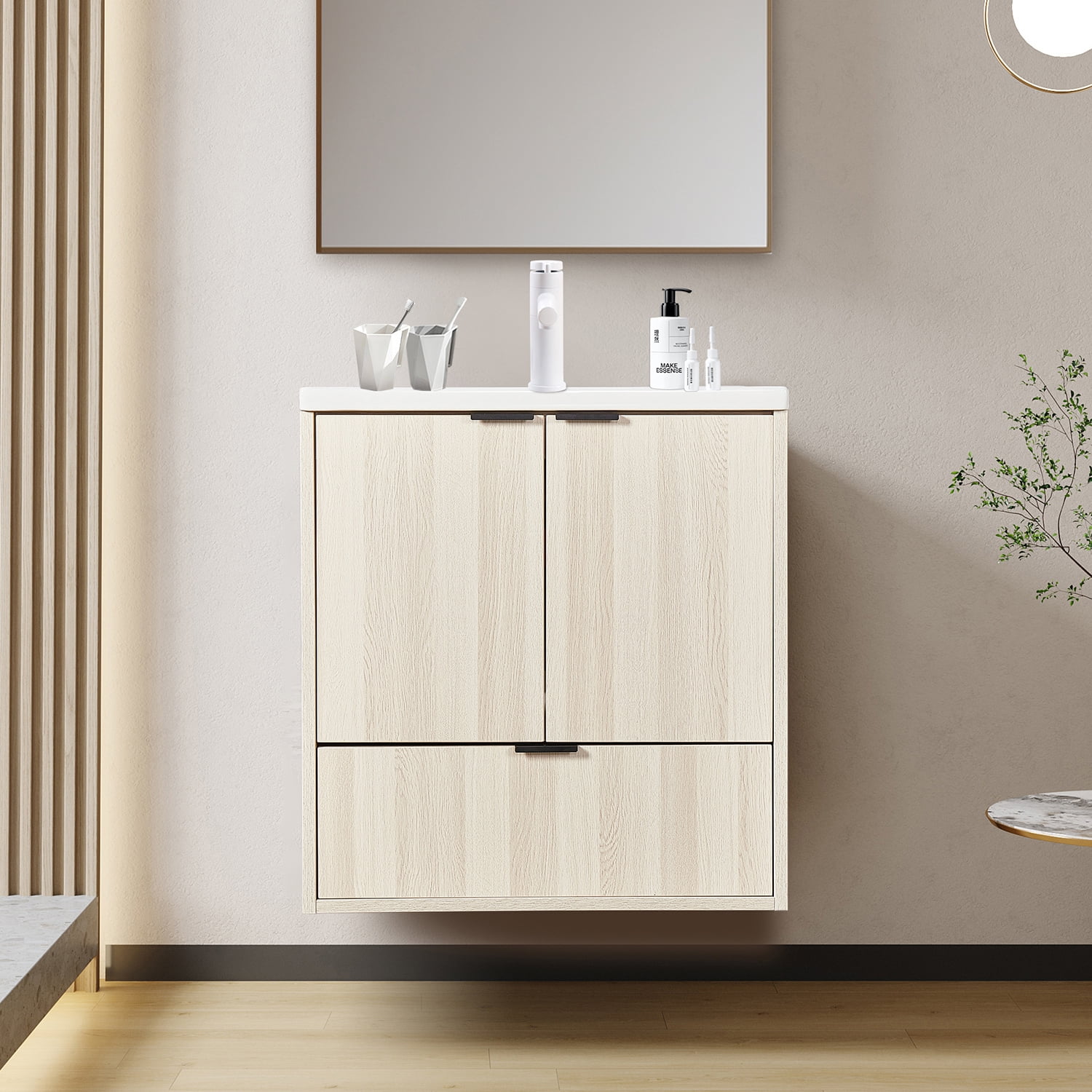Wall Mount Vanity Cabinet With Drawer White Oak L 24 in x H 24.8 in x D 19.7 in