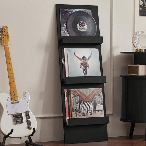 Wall Mount Vinyl Record Holder with 3-Tier Display Shelf, 47.5" Tall Record Storage Magazine Holder, Holds Up to 15 Vinyl Albums or CDs for Living Room, Concert Hall, Black
