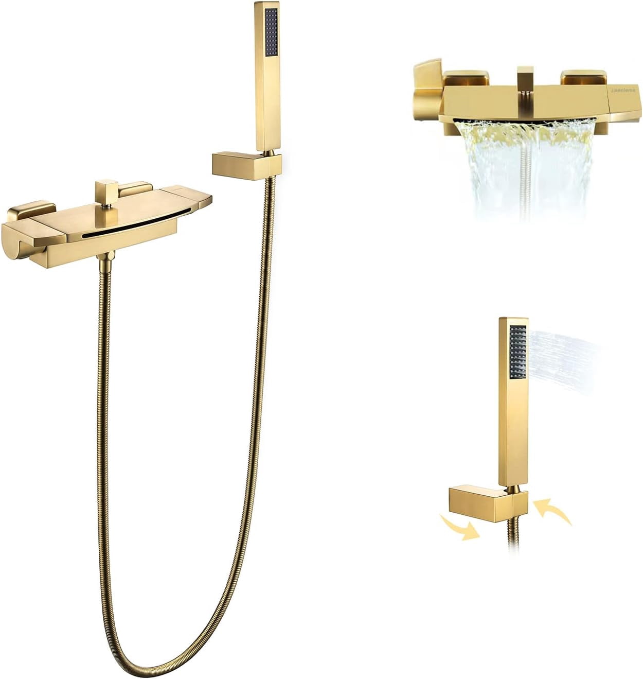 Wall Mount Waterfall Bathtub Faucet with Handheld Shower, Brushed Gold ...