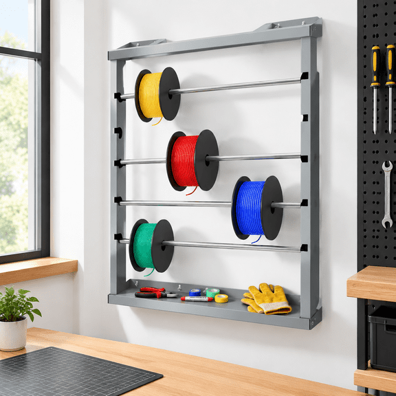 Wall Mount Wire Spool Rack with 4 Rods and Storage Tray, Grey