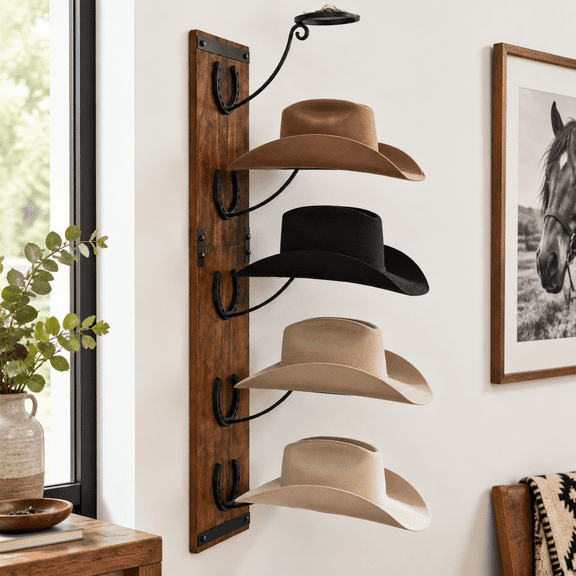 Wall Mount Wood Cowboy Hat Rack with Metal Horseshoe Accents, 34.6" H x 10.1" W x 13.5" D