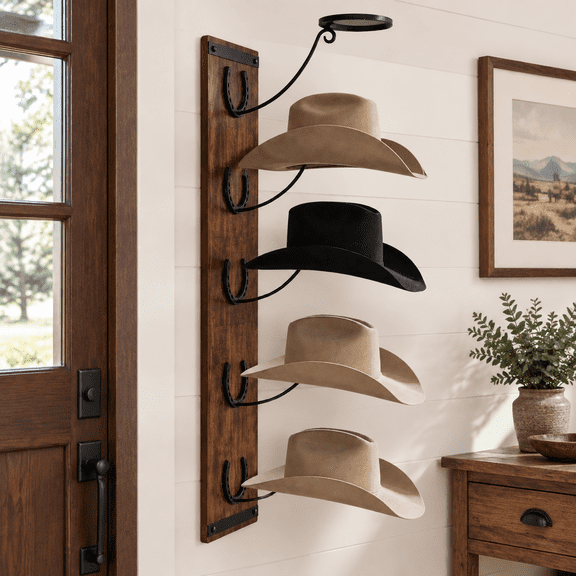 Wall Mount Wood Cowboy Hat Rack with Metal Horseshoe Accents
