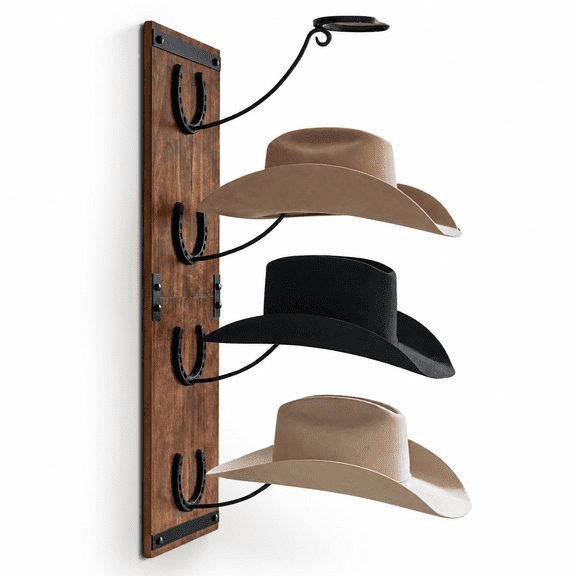 Wall Mount Wood Cowboy Hat Rack with Metal Horseshoe Mounts, 34.6" H x 10.1" W x 13.5" D