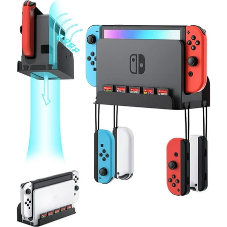 Wall Mount for Switch and Switch O, Wall Mount Holder with 5 Game s Slots and 4 Joy Con Hooks, Safely