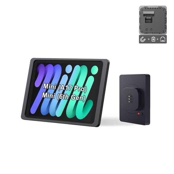 EMONITA Wall Mount with POE and DC up to 18W Fast Charging Case for iPad Mini (6th Gen/ A17 Pro) 8.3-Inch Strong Magnets 360 Rotation - Black