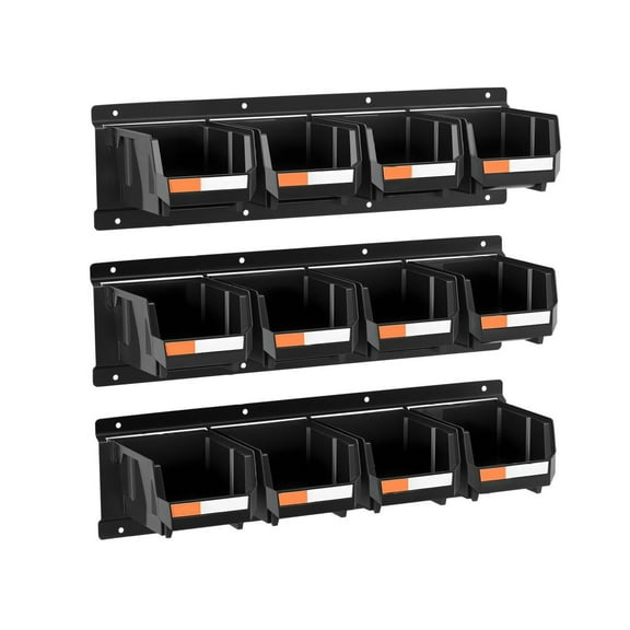 Wall Mounted , 12 Plastic Storage Bins & 3 Metal Rails, Plastic Hanging Stackable for Screws, Nuts, Bolts, , Tool Organizer for Workshop, Room, Garage, Black