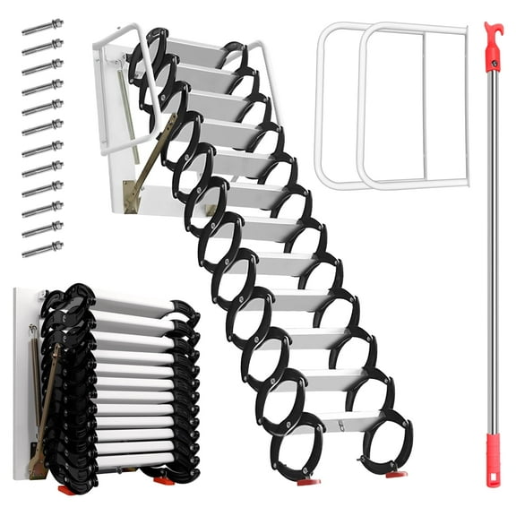 Wall-Mounted 12-Step 10 FT Telescoping Folding Al-Mg Alloy Attic Ladder, Stair with Pull Down System and Anti-Slip Rubber Pads, Perfect for Attics, Lofts, and Storage Areas