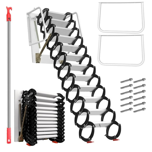Wall-Mounted 12-Step Telescoping Folding 10 FT Attic Ladder, Al-Mg Alloy Stair with S-Curved Alloy Skeleton and Pull Down System, Used in Warehouse Shelving, Utility Room Access, and Attic Cleanup​