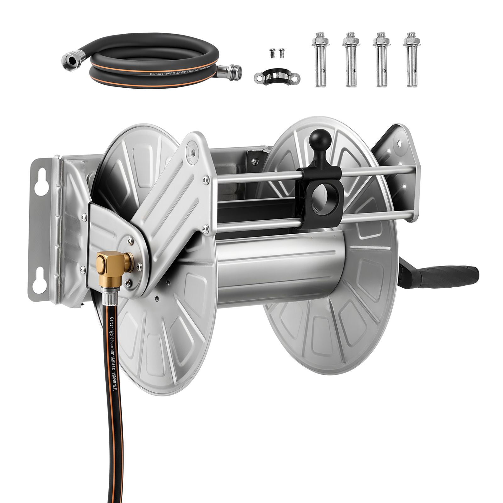 Wall-Mounted 150ft 5/8" Garden Hose Reel with Brass Fittings and Hose Guide