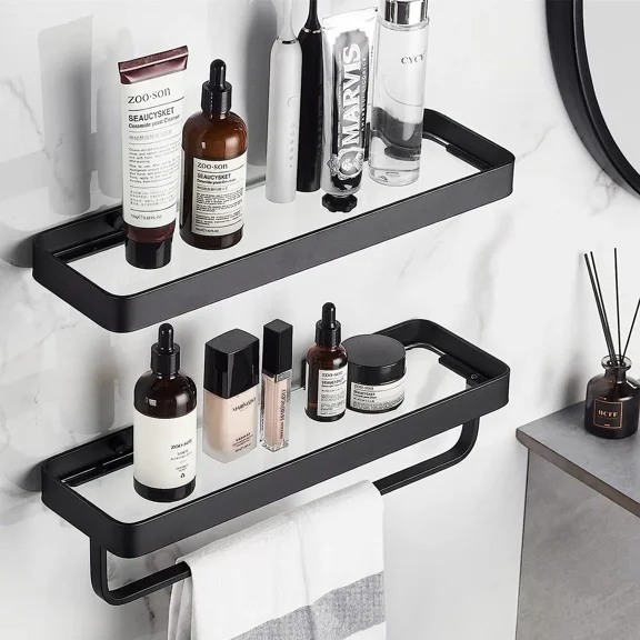 Wall-Mounted 2-Tier Bathroom Shelf with Towel Bar, Matte Black Aluminum & Tempered Glass