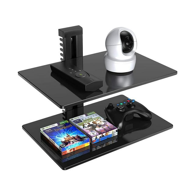 Wall Mounted 2 Tiers Glass AV Mount Shelf for Xbox /Cable Boxes/Gaming