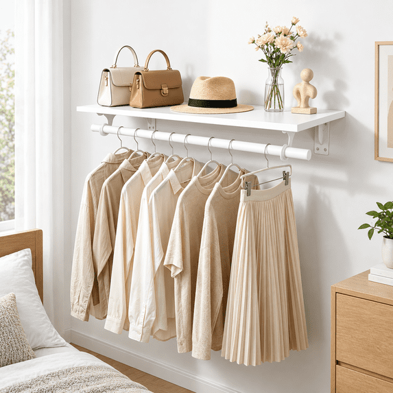 Vitamins Shelf Rack Wall Mounted 2-in-1 Coat Rack with Wooden Top Shelf, 31.5 Inch Rod for ...