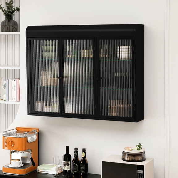 Black Wall-Mounted Glass Cabinet with 3 Doors / Easy Installation for Quick Home Improvement