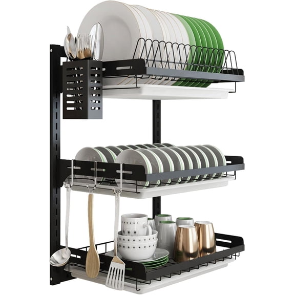 Wall-Mounted 3-Tier Adjustable Dish Drying Rack with Drain Tray and 3 Hooks, Stainless Steel Black