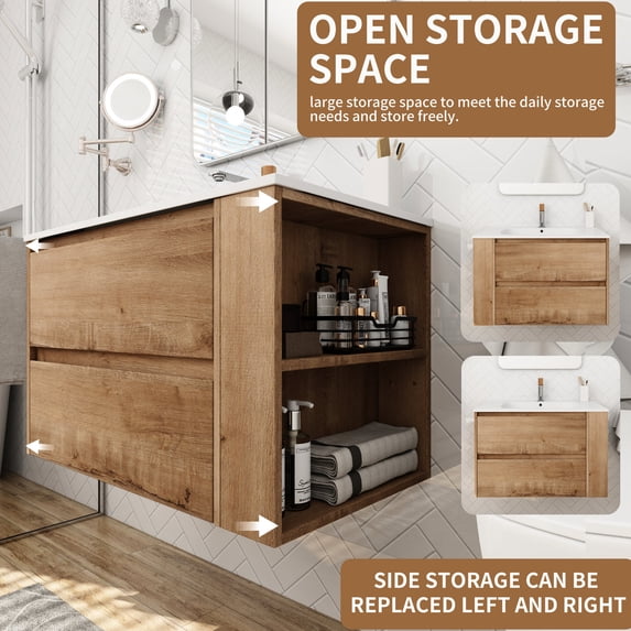Wall Mounted, 30-inch Vanity - 45° Bevelled Invisible Handle - Bathroom Drawer Access - Comfortable Opening Experience
