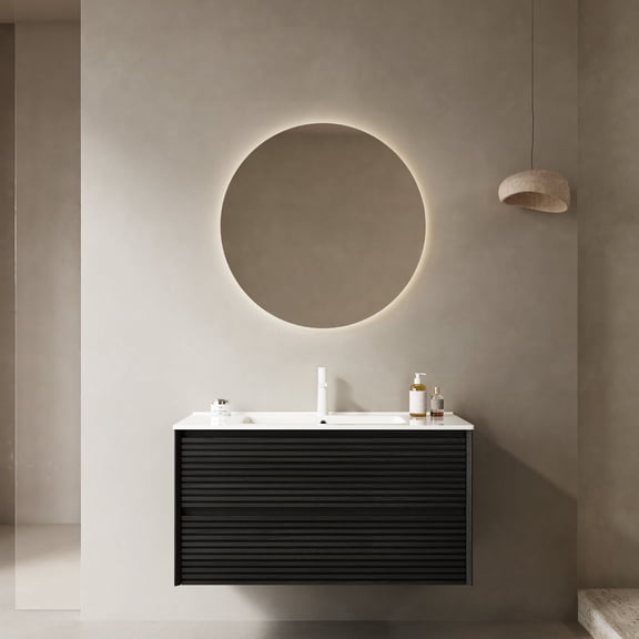 Wall - Mounted 36" Bathroom Storage Cabinet | Ceramic Sink with No Dead Corners | High - Quality Plywood in Dark Oak | Drawers with Full Extension and Soft Close