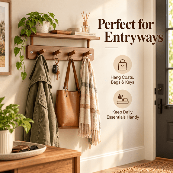 Wall Mounted 4-Hook Rack with Shelf, Sturdy Metal Frame Wooden Shelf, No-Drill Easy Install with Assembly Video for Home Entryway Bathroom Kitchen Storage, Brown