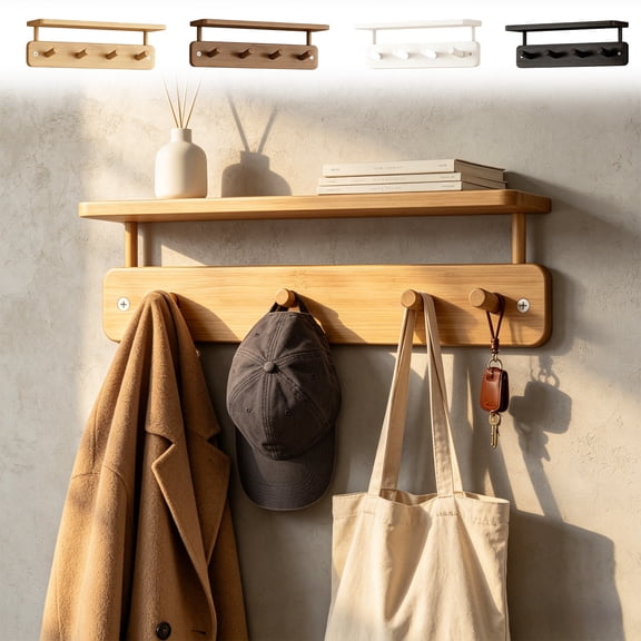 Wall Mounted 4-Hook Rack with Shelf, Sturdy Metal Frame Wooden Shelf, No-Drill Easy Install with Assembly Video for Home Entryway Bathroom Kitchen Storage, Brown