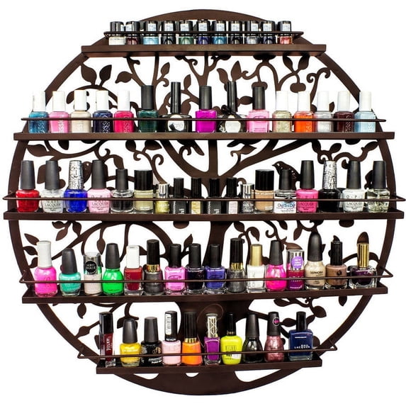 Wall Mounted 5-Tier Nail Polish Rack Holder, Tree Silhouette Round Metal Salon Wall Art Display, Bronze