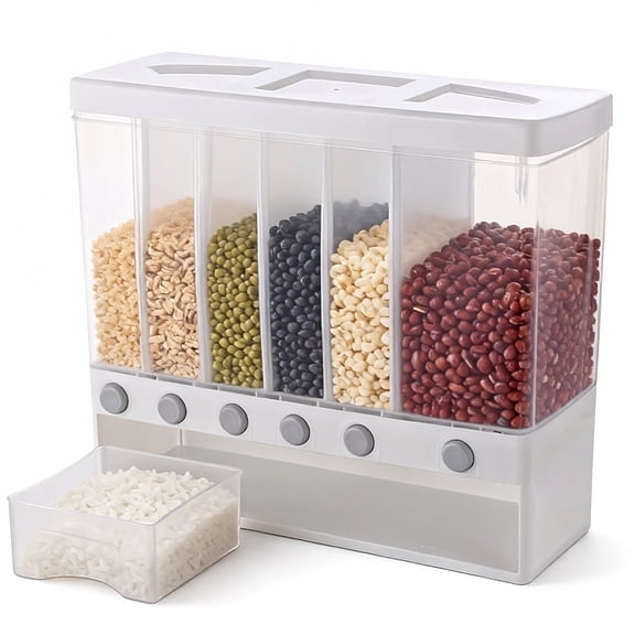 Wall Mounted 6-Grid Rice Dispenser, 22 lbs Large Capacity Dry Food Cereal Storage, Press Button Quantitative Output with Transparent Drawer for Kitchen Pantry Organization