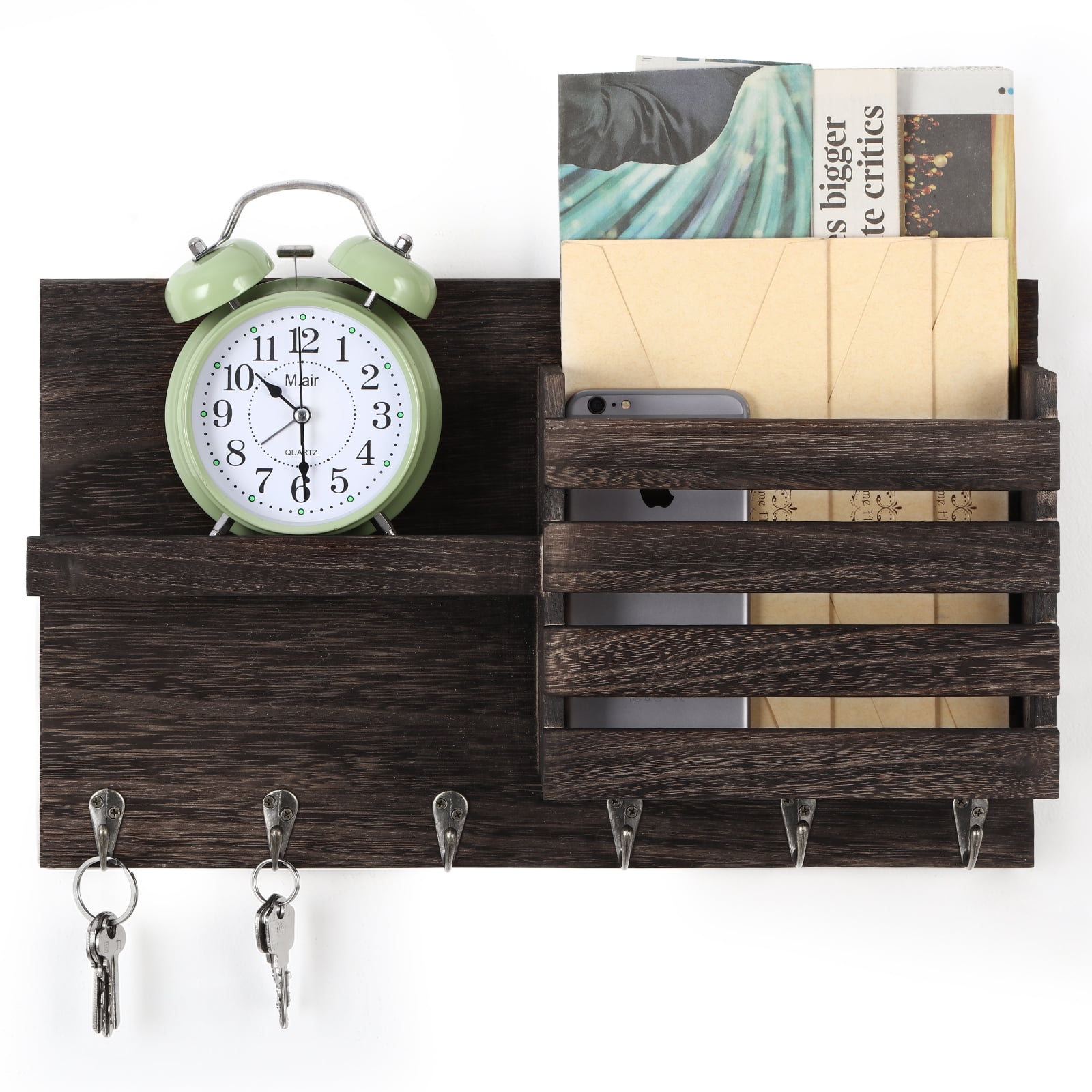 Oumilen Wall-Mounted 6-Metal Hooks Hanging Organizer, Rustic Brown
