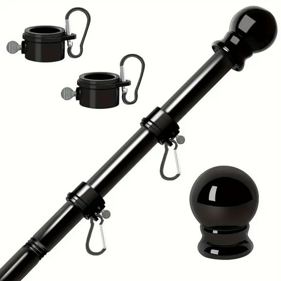Wall Mounted 6FT Stainless Steel Flagpole Kit With 360 Degree Rotating Rings Five Section Flag Pole Black