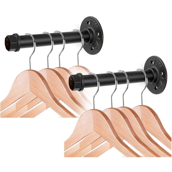 Wall-Mounted 7.7 Inch Pipe Clothes Bar, Industrial Strength Metal Coat Hanger, Rustic Garment Rack for Bedroom Bathroom Cabinet Clothing Store, Black