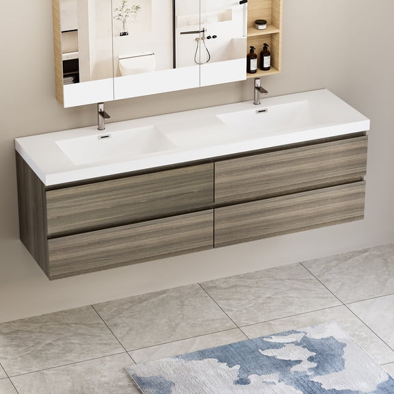 Wall-Mounted 72" Floating Bathroom Vanity | Space-Saving for Bathroom Organization | Premium Resin Countertop and Wood | Soft-Close Hinges for Quiet Use