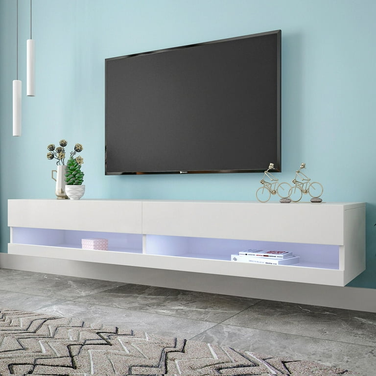 Wall Mounted 80 Inch Floating TV Stand with 20 Color LEDs Living