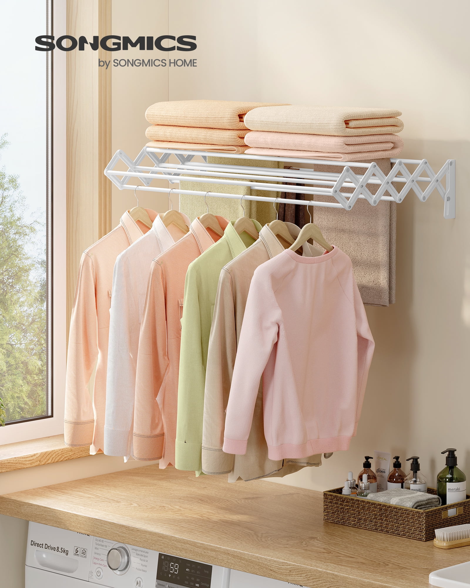 Wall-Mounted Accordion Drying Rack with 9 Expandable Rods, 33 lb ...
