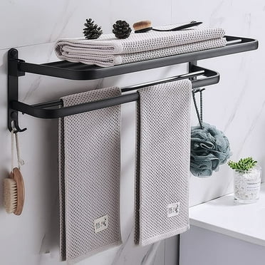 Wall Mounted Aluminum Bathroom Towel Rack with Holder & 2 Hooks - 20in Space-Saving Towel Shelf for Bath Towels & Accessories - Durable & Stylish Black Design