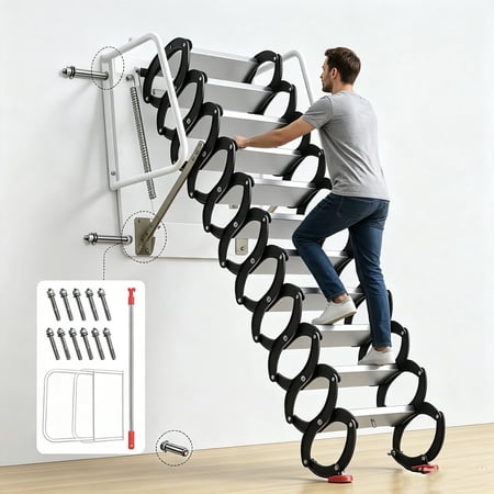 Wall Mounted Attic Ladder, 133.8"×23.6"×27.5" Folding Telescoping Stairs, 12 Steps Titanium-Magnesium Alloy Loft Ladder with Non-Slip Treads, for Home Attic, Loft Access
