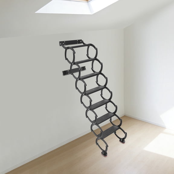 Wall Mounted Attic Ladder, Foldable Step Ladder, 7 Step, Black, 440 lbs Capacity, Space Saving, 16.53x14.17x18.5 in Folded, for Attic, Loft, Garage