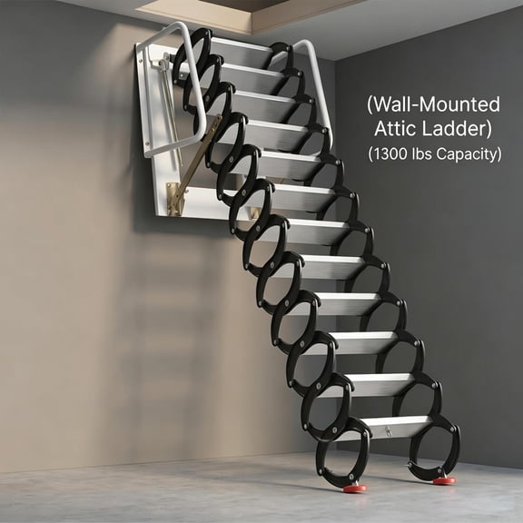 Wall-Mounted Attic Ladder Titanium-Magnesium Alloy Rust-Proof, Folding Attic Stairs 0.9 Inch Thick Pedal, Retractable Attic Ladder with Fixed Handrail for Garage Storage Building.
