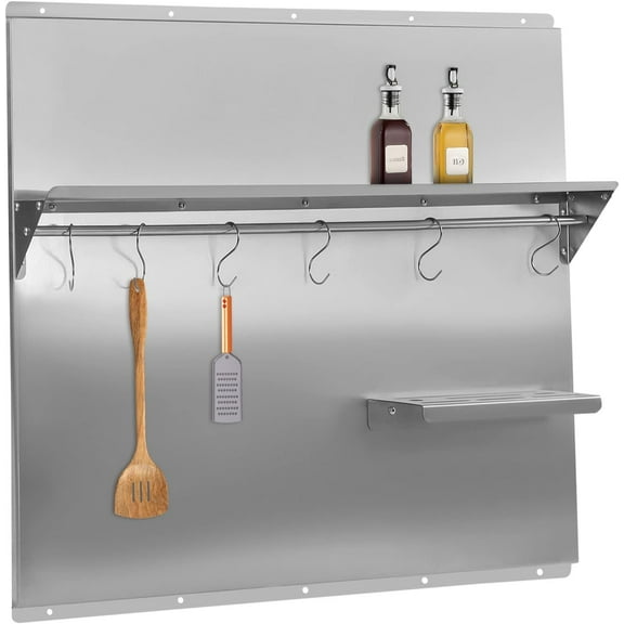 Wall-Mounted Backsplash Stainless Steel Range Shelf with 6 Hooks Cross Bar Metal Splash Plate Behind Stove Storage Hanging Rack (36x 29.5 Inch)