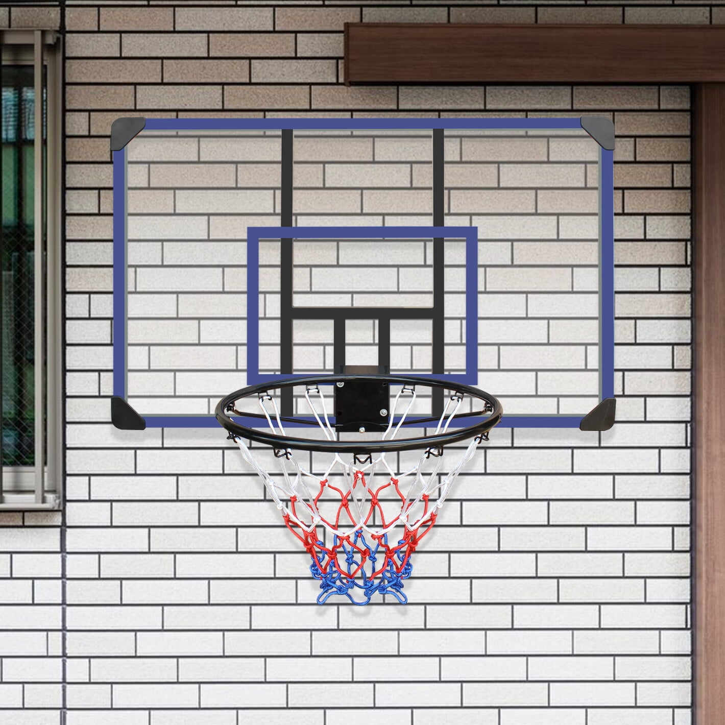 Wall Mounted Basketball Hoop, 45 x 29" Over The Door Basketball Hoop with Shatterproof Back, Folding Hoop, and All-Weather Mesh, Basketball Rim for Indoor and Outdoor Hanging, Black+Blue