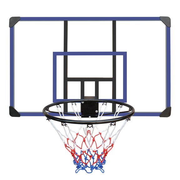 Wall-Mounted Basketball Hoop 45x29 Inch Shatterproof Backboard, Folding Rim & All-Weather Net for Indoor Outdoor Garage, Black+Blue Iron