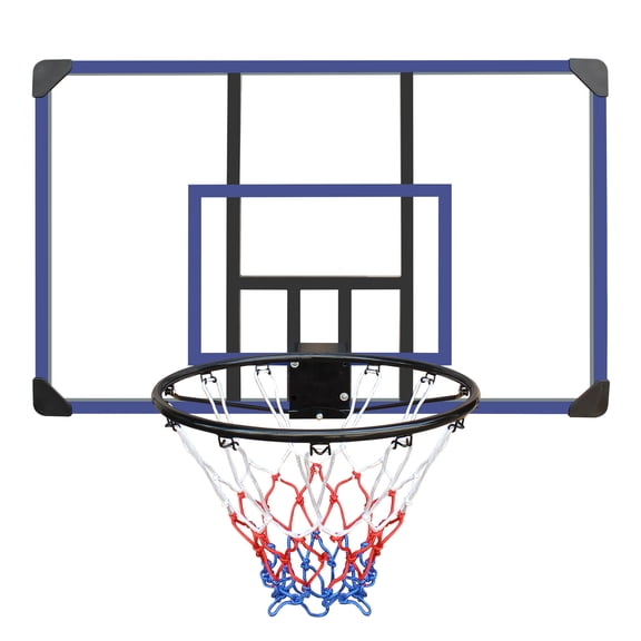 Wall-Mounted Basketball Hoop, Folding Basketball Hoop with Shatterproof Backboard, 45 x 29 Inches, Durable Basketball Hoop with All-Weather Mesh for Indoor Outdoor Use, Black+Blue