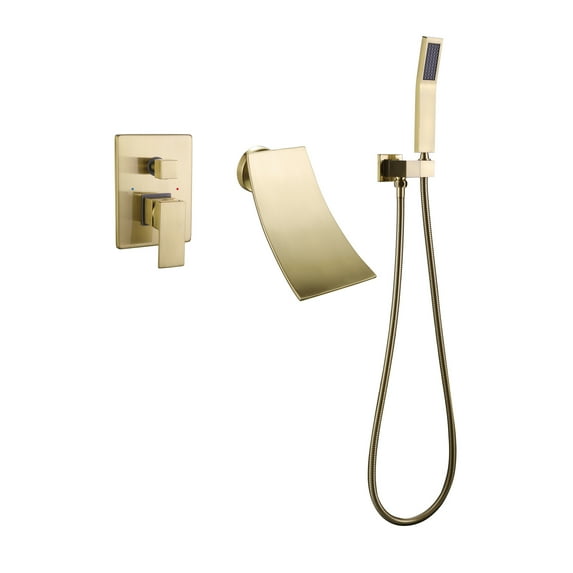 Wall Mounted Bathroom Bathtub Faucet with Hand Shower, Brushed Gold Two Handles Tub Filler with Hand Shower
