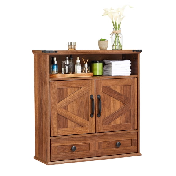 Wall Mounted Bathroom Cabinet with Barn Doors – Medicine Cabinet Over Toilet, Adjustable Shelf & Drawer, Versatile Storage for Bathroom, Kitchen, Laundry, Entryway
